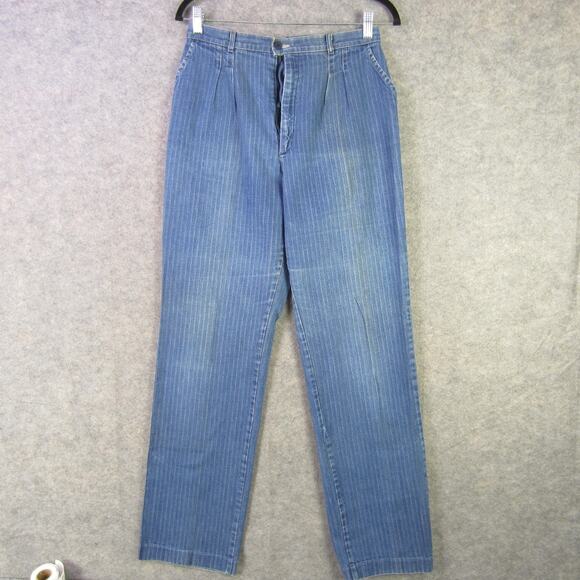 VINTAGE Denim Pants Womens 12 Blue Pleated Pinstripe Tapered Made in USA 90s - Picture 1 of 10